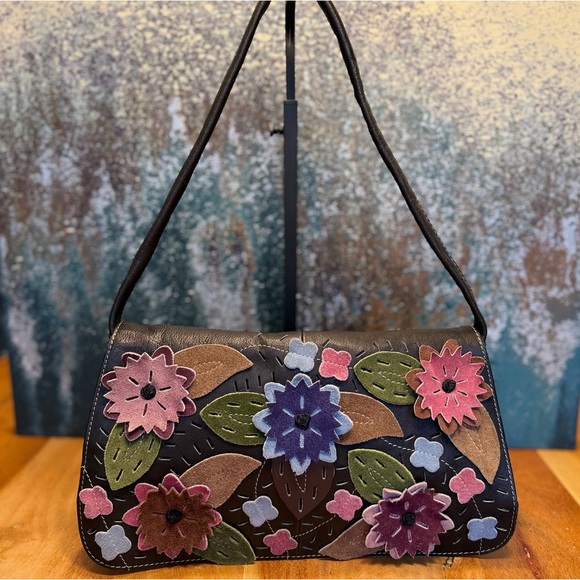 None Handbags - Boho Artisanal 3D Floral Applique Statement Shoulder Bag (EUC)